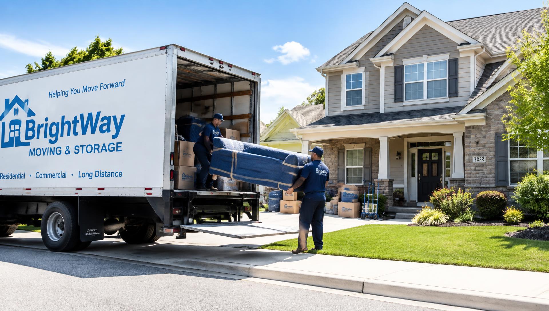 Professional movers loading a moving truck outside a home